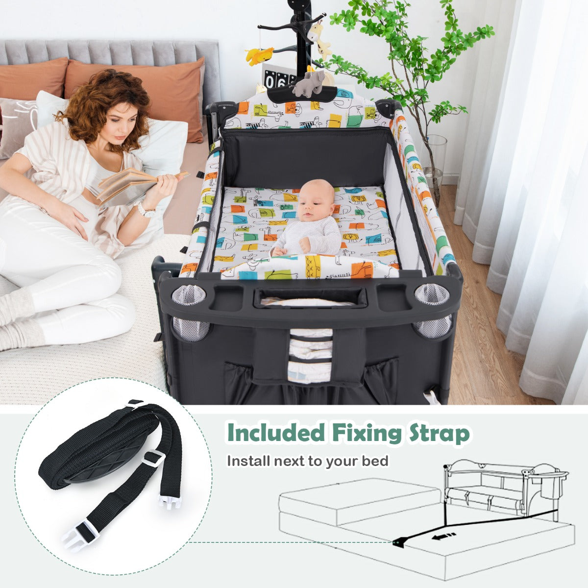 5-in-1 Baby Bassinet Bedside Sleeper with Diaper Changer and Hanging Toys-Grey