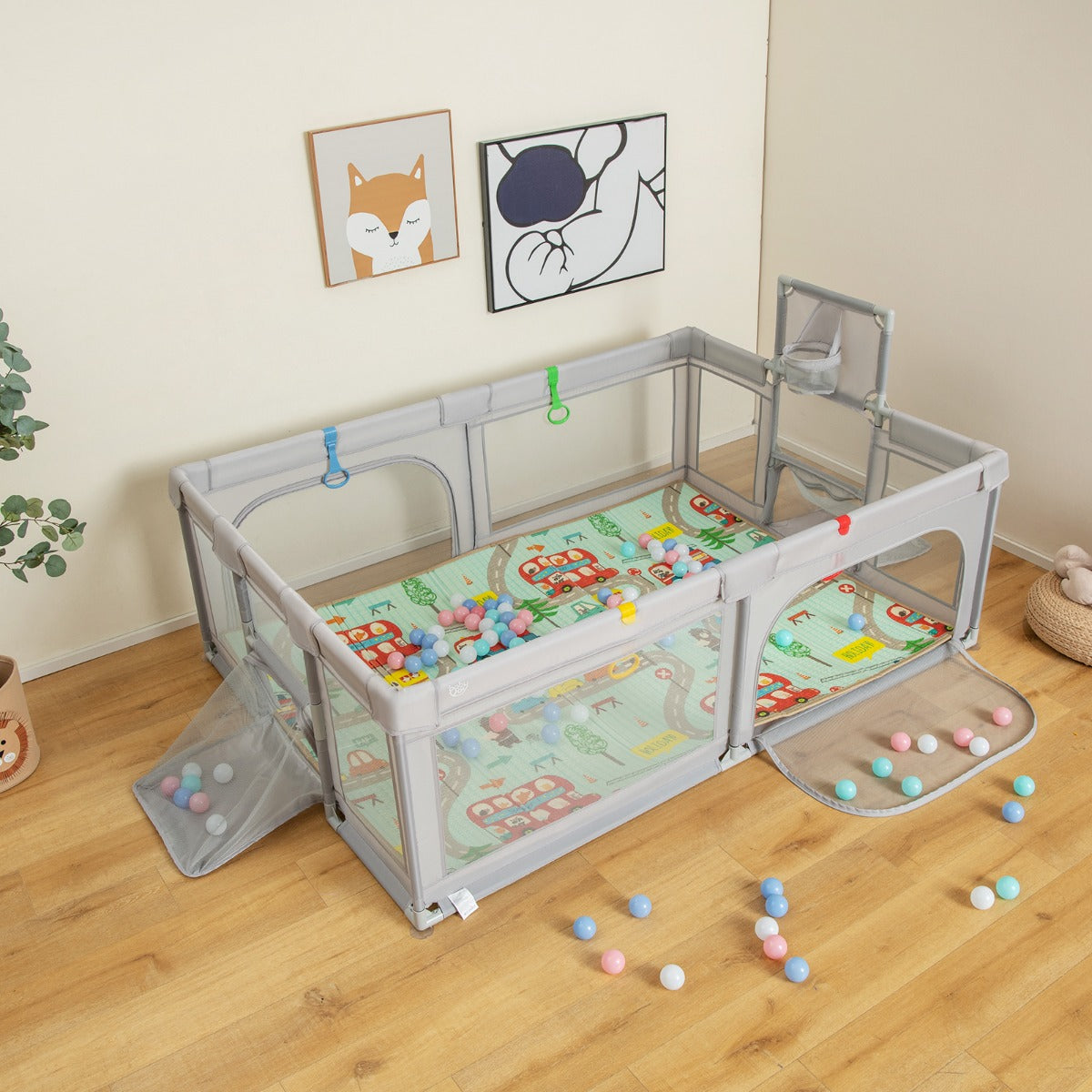 Large Baby Playpen with Mat with Basketball Hoop and Soccer Nets-Grey