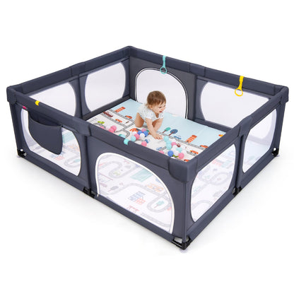 Baby Playpen with Safe Gate and Breathable Mesh-Dark Grey