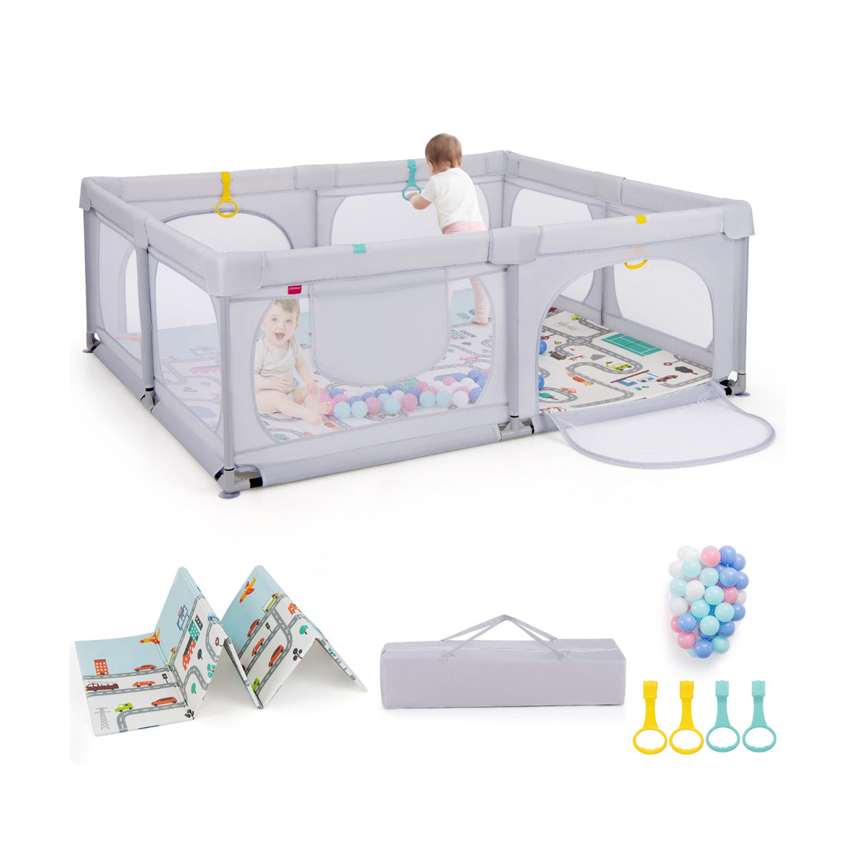 Baby Playpen with Safe Gate and Breathable Mesh-Light Grey