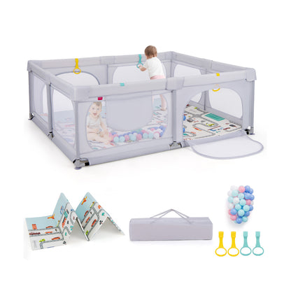 Baby Playpen with Safe Gate and Breathable Mesh-Light Grey