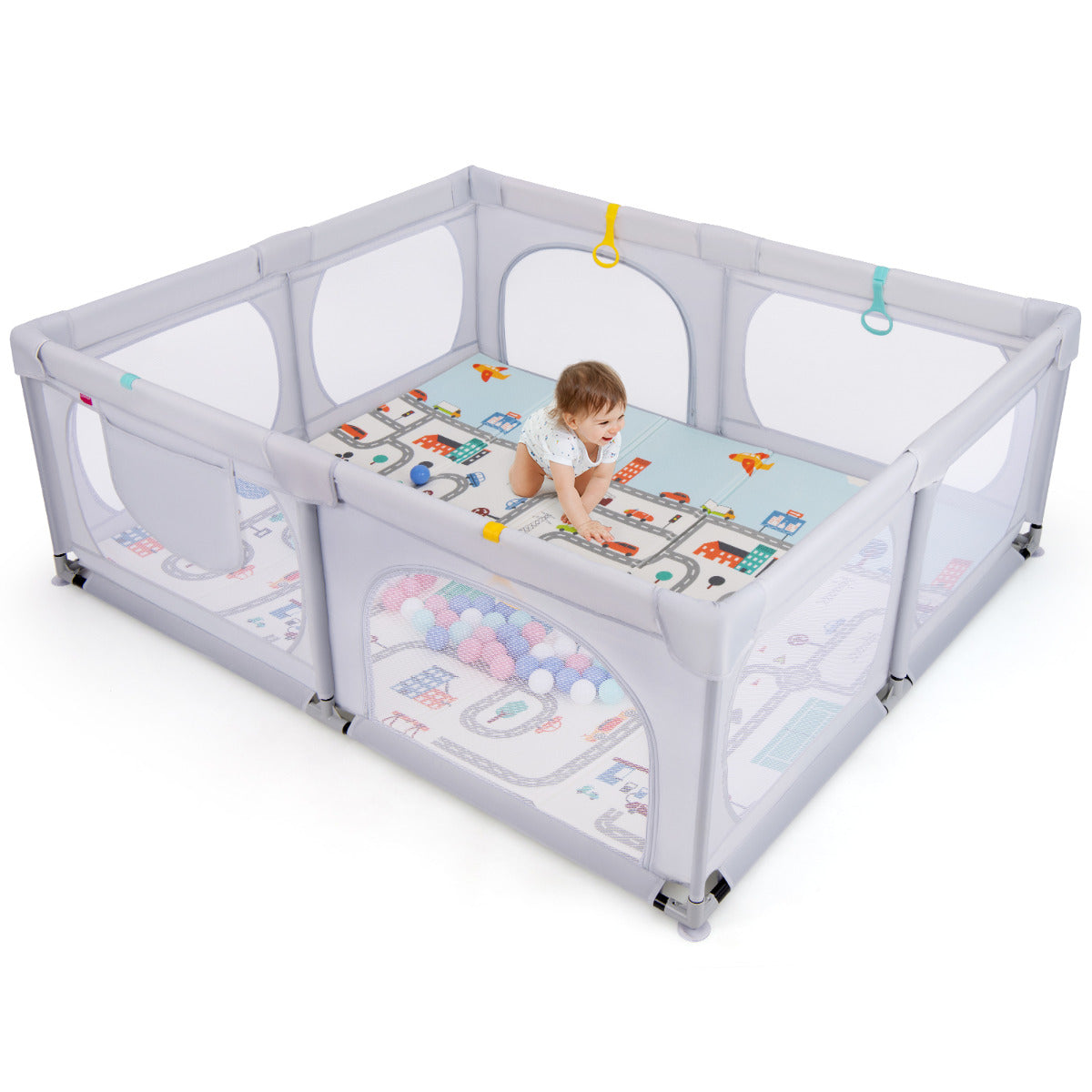Baby Playpen with Safe Gate and Breathable Mesh-Light Grey