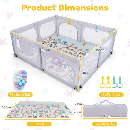Baby Playpen with Safe Gate and Breathable Mesh-Light Grey