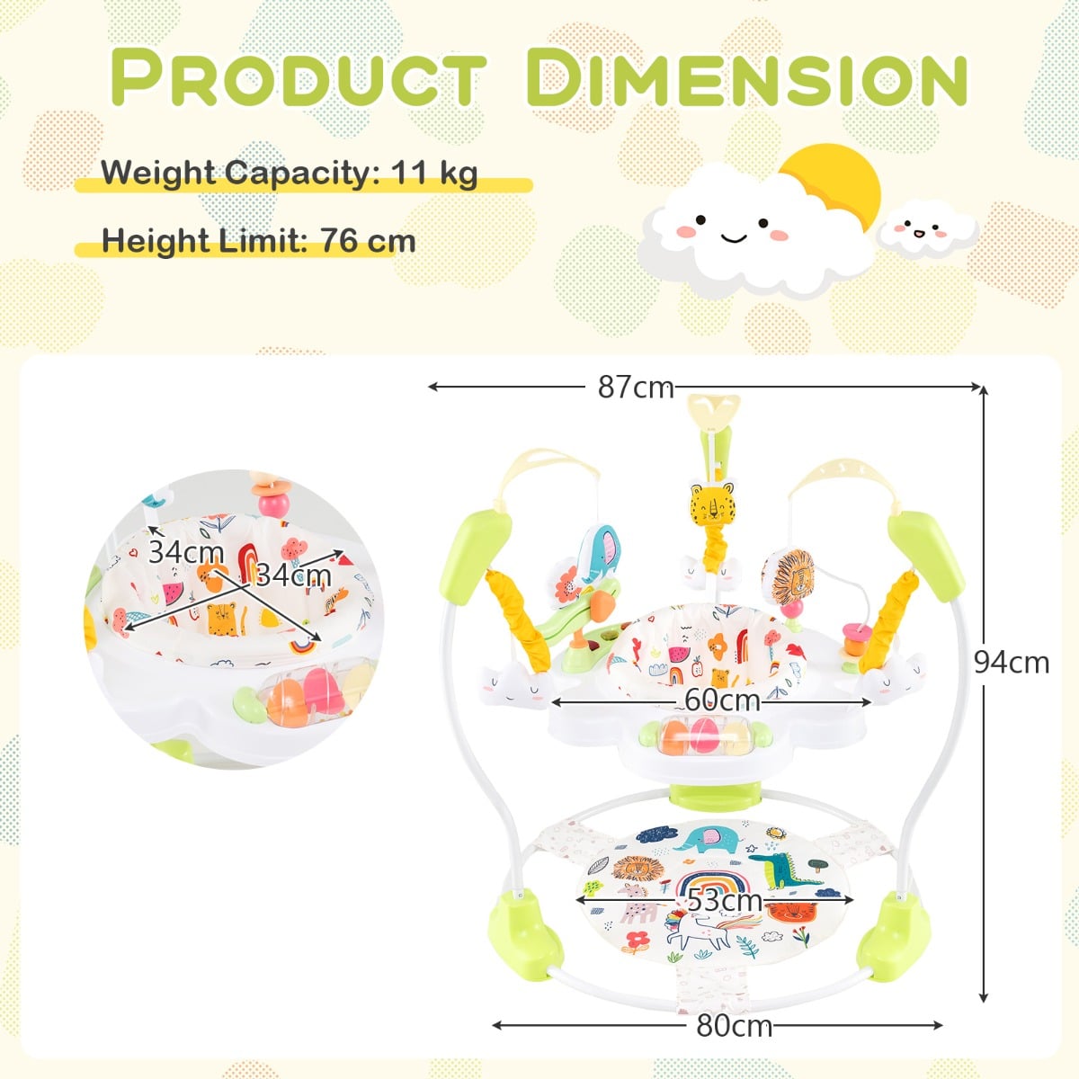 Baby Stationary Activity Center with 360° Rotary Seat and 3 Adjustable Heights for 6 Months+-Yellow