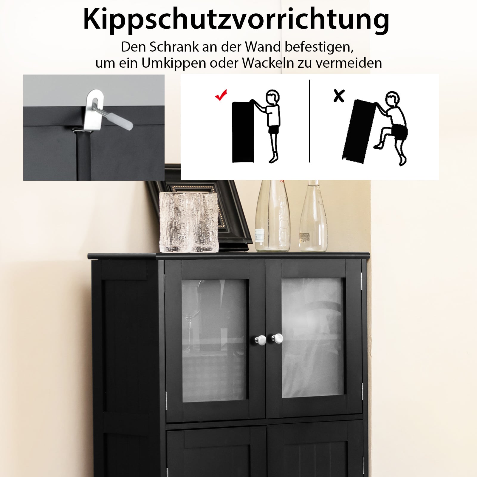 Bathroom cabinet with glass doors &amp; adjustable shelf, bathroom cabinet, tall cabinet, wood, black