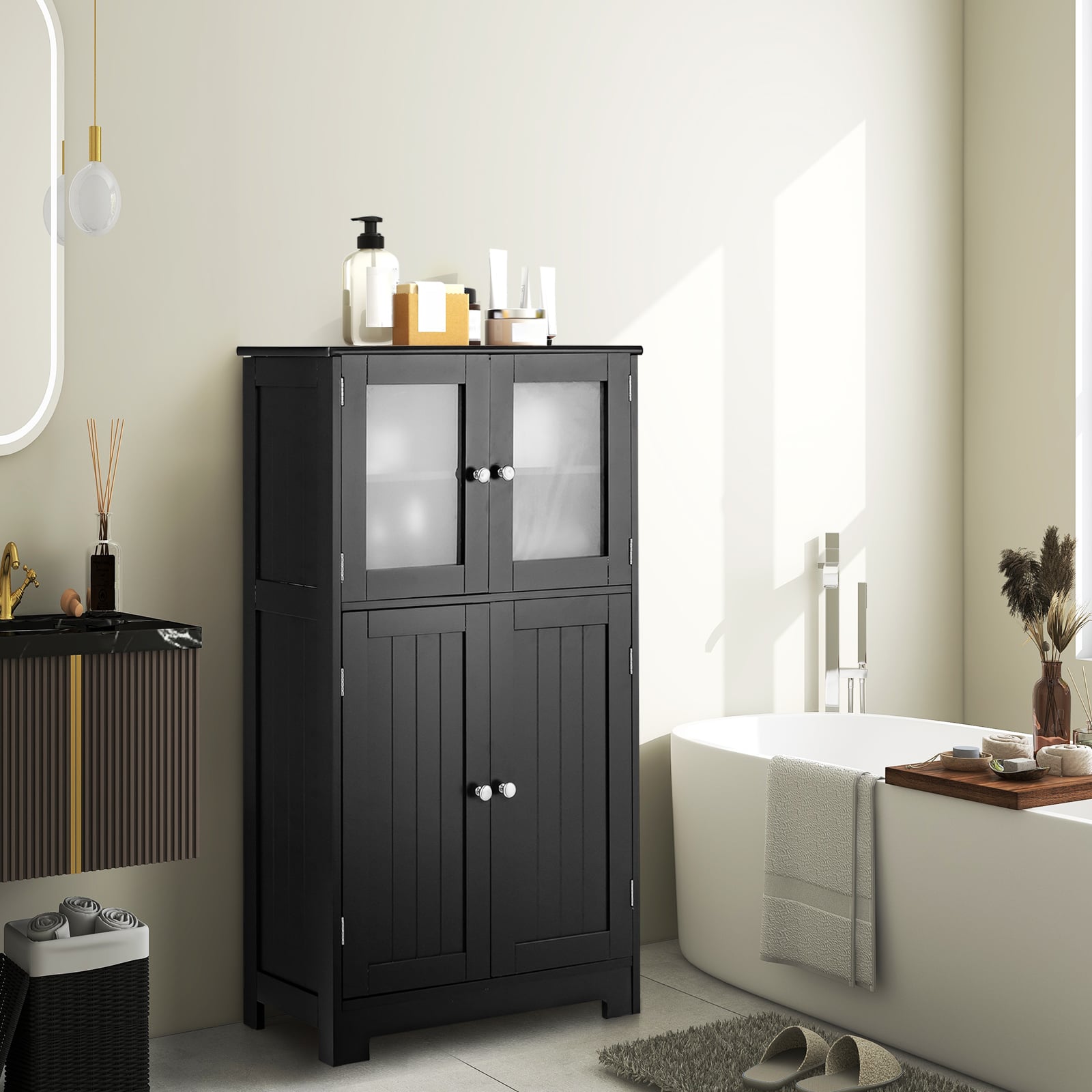 Bathroom cabinet with glass doors &amp; adjustable shelf, bathroom cabinet, tall cabinet, wood, black