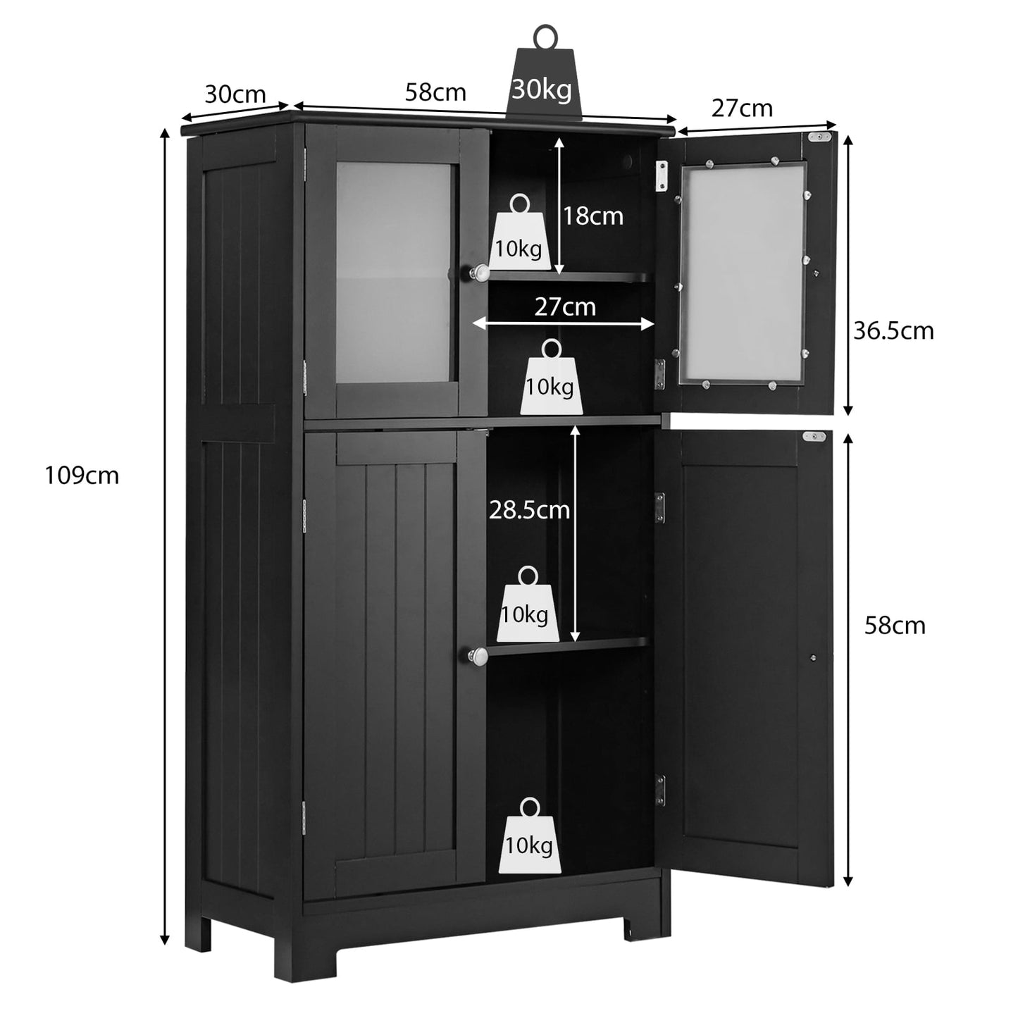 Bathroom cabinet with glass doors &amp; adjustable shelf, bathroom cabinet, tall cabinet, wood, black
