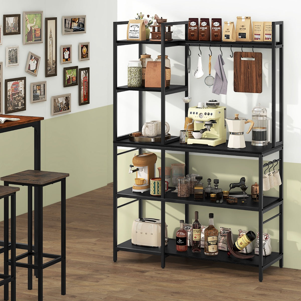 Bakers Rack with Power Outlets and 10 S-Shaped Hooks-Black