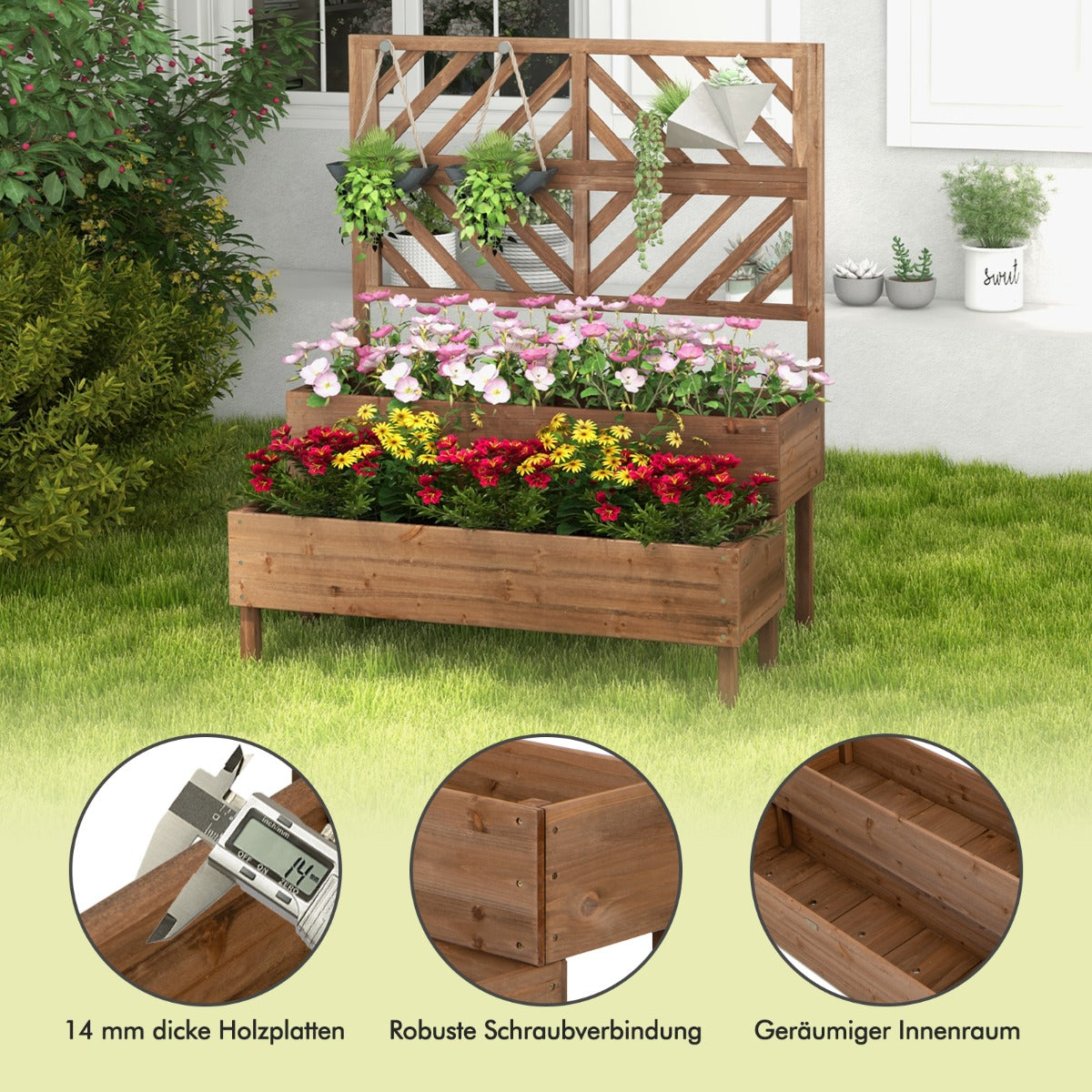 2-Layer Garden Bed with Trellis Wooden Raised Plant Box with Legs Drainage Hole Plant Container Brown