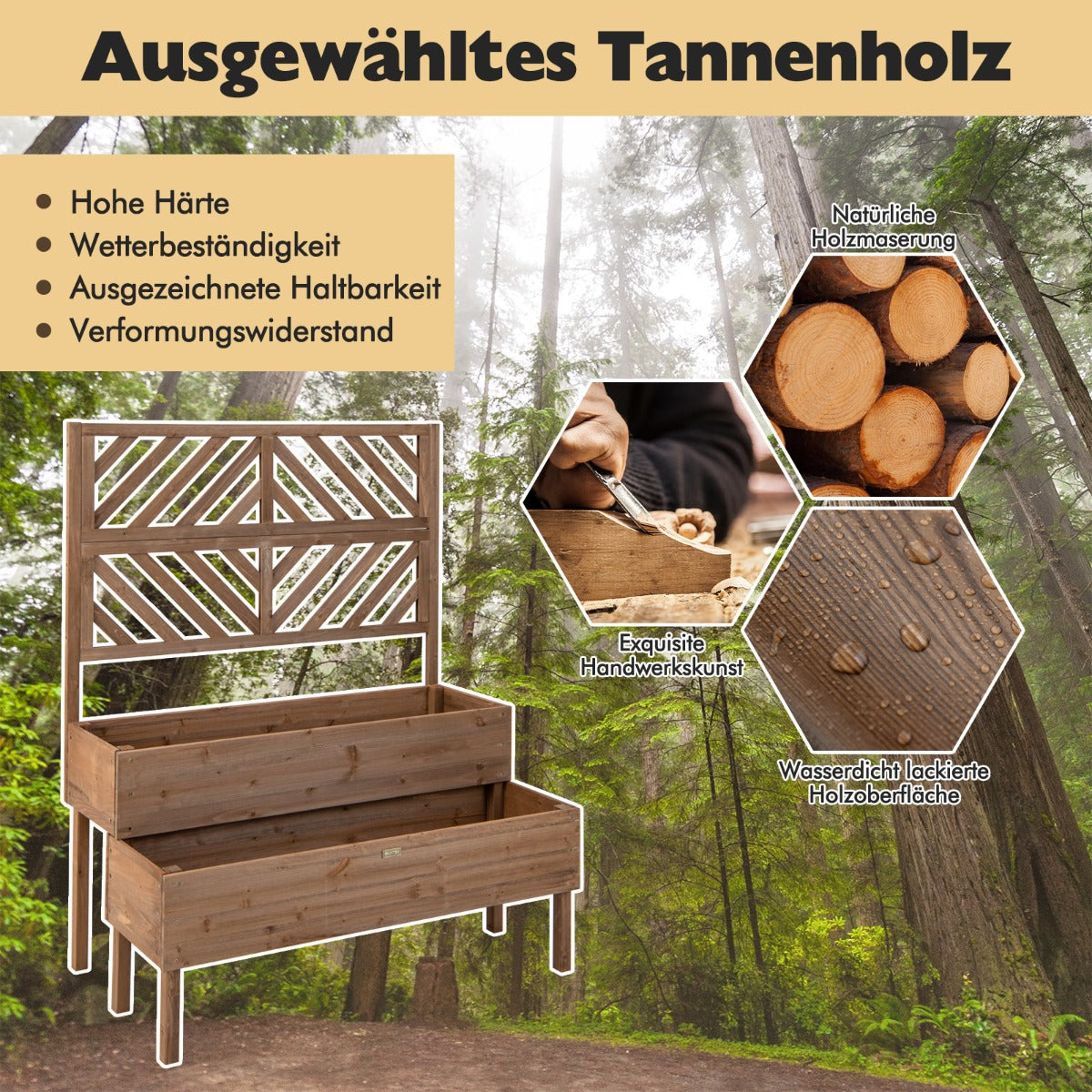 2-Layer Garden Bed with Trellis Wooden Raised Plant Box with Legs Drainage Hole Plant Container Brown
