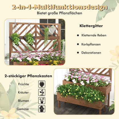 2-Layer Garden Bed with Trellis Wooden Raised Plant Box with Legs Drainage Hole Plant Container Brown