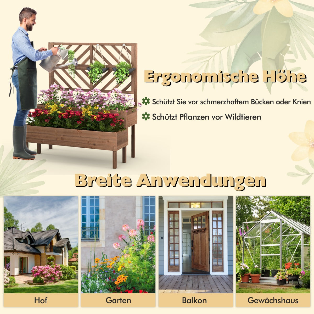 2-Layer Garden Bed with Trellis Wooden Raised Plant Box with Legs Drainage Hole Plant Container Brown