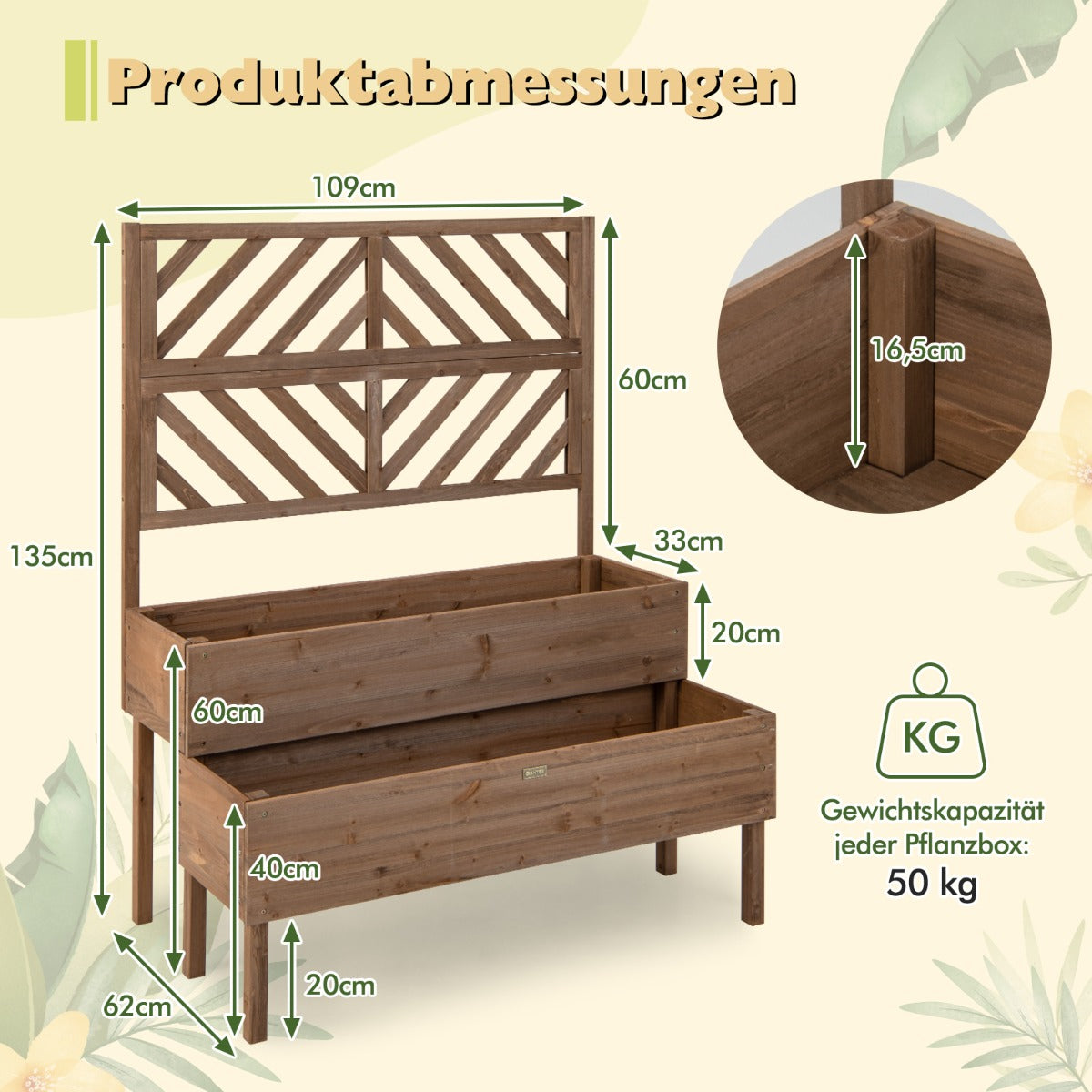 2-Layer Garden Bed with Trellis Wooden Raised Plant Box with Legs Drainage Hole Plant Container Brown