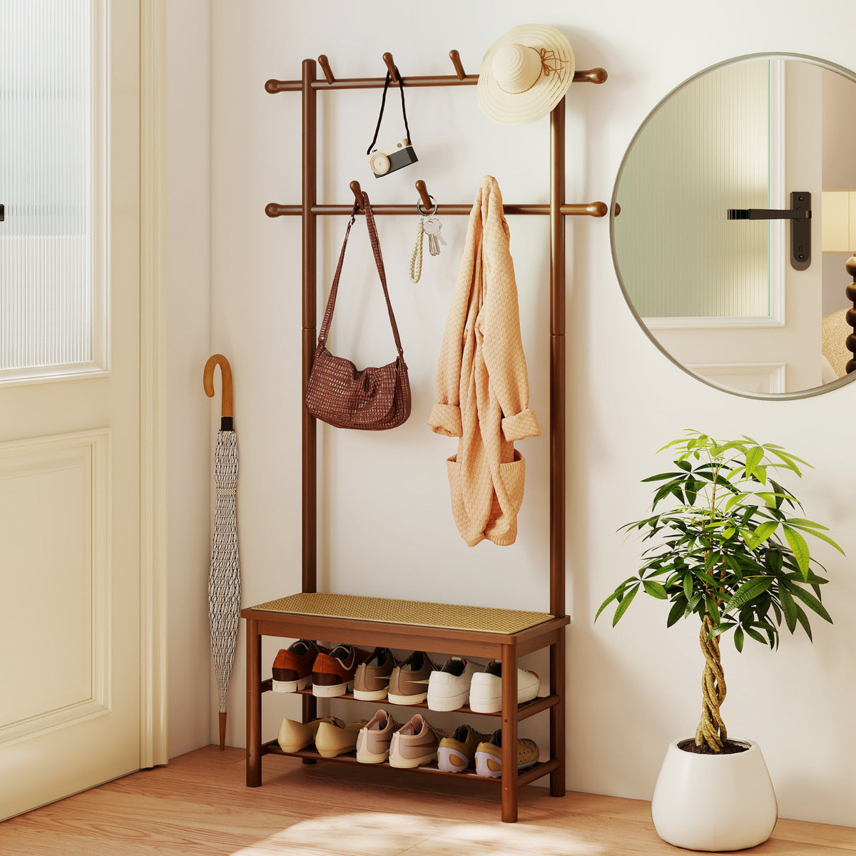 Bamboo Coat Rack PE Rattan Hall Tree with Bench and Shoe Storage-Brown