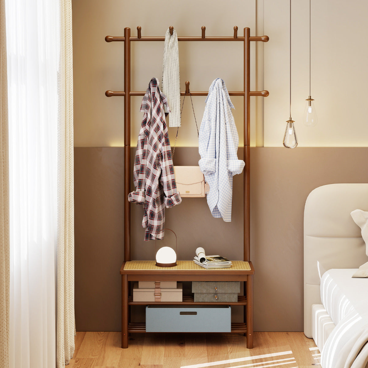 Bamboo Coat Rack PE Rattan Hall Tree with Bench and Shoe Storage-Brown