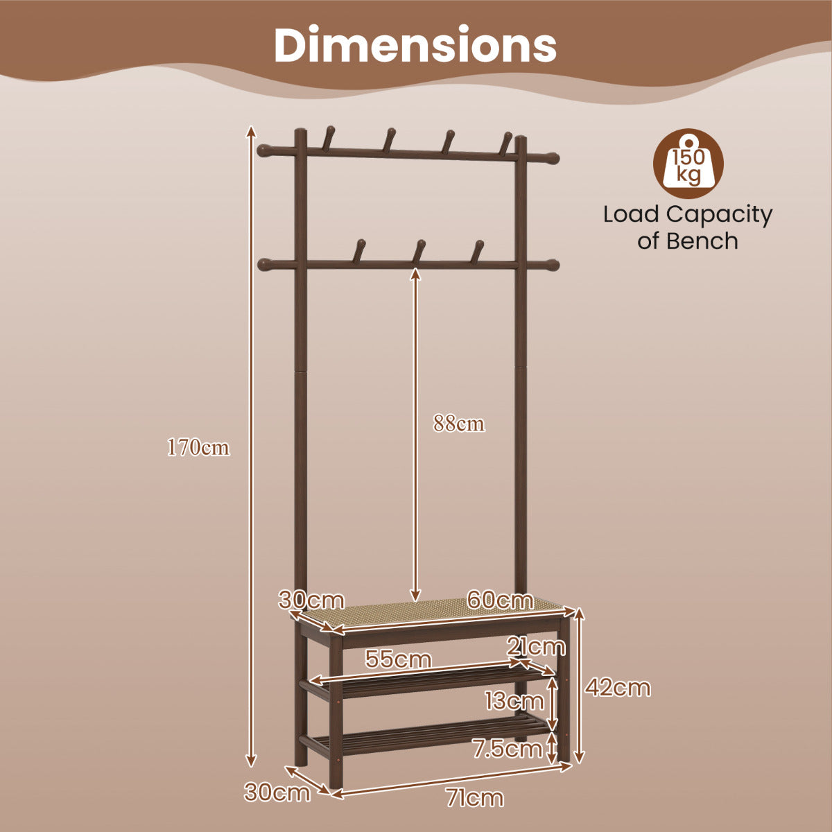 Bamboo Coat Rack PE Rattan Hall Tree with Bench and Shoe Storage-Brown