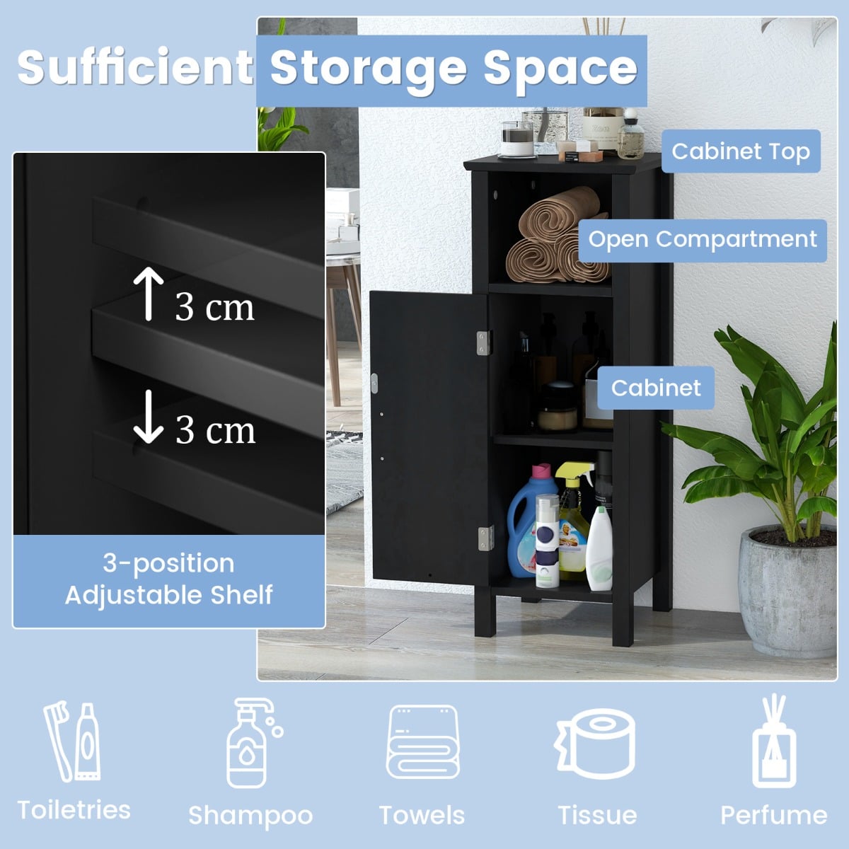 Freestanding Narrow Bathroom Storage Organizer Rack Stand with Door and Adjustable Shelf-Black