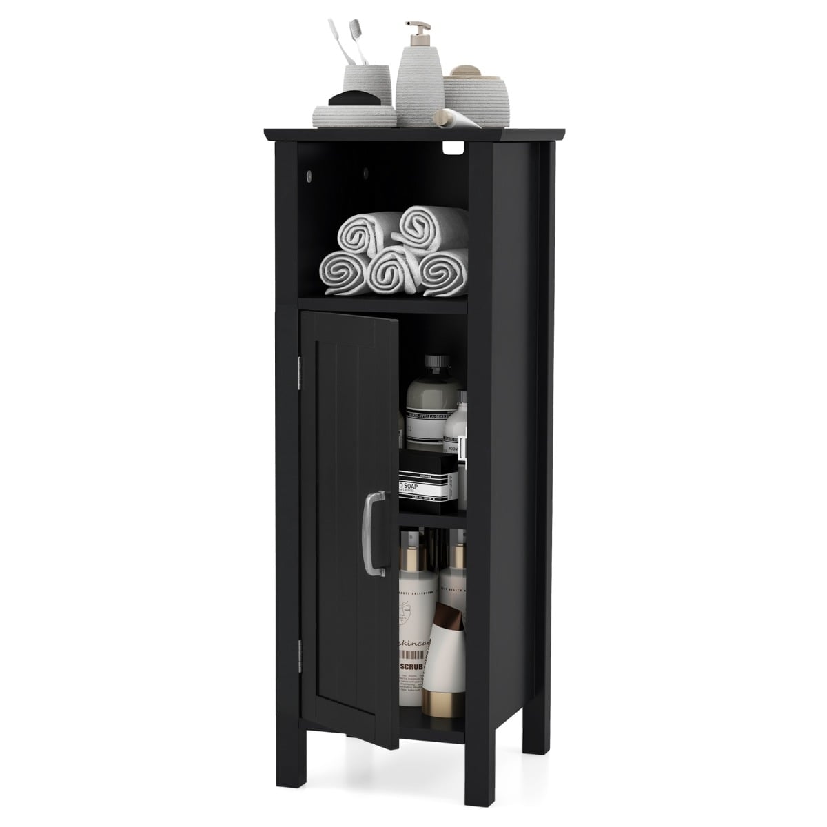 Freestanding Narrow Bathroom Storage Organizer Rack Stand with Door and Adjustable Shelf-Black