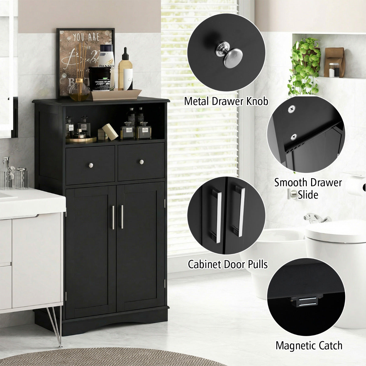 Bathroom Floor Cabinet with 2 Doors and 2 Adjustable Shelves for Bathroom-Black