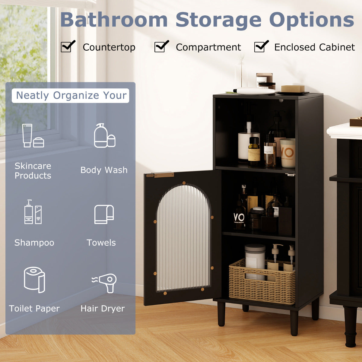 Bathroom Floor Cabinet with Adjustable Shelf for Hallway Living Room-Black