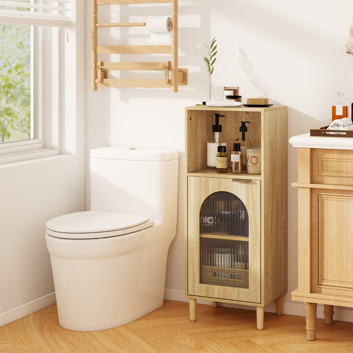 Bathroom Floor Cabinet with Adjustable Shelf for Hallway Living Room-Natural