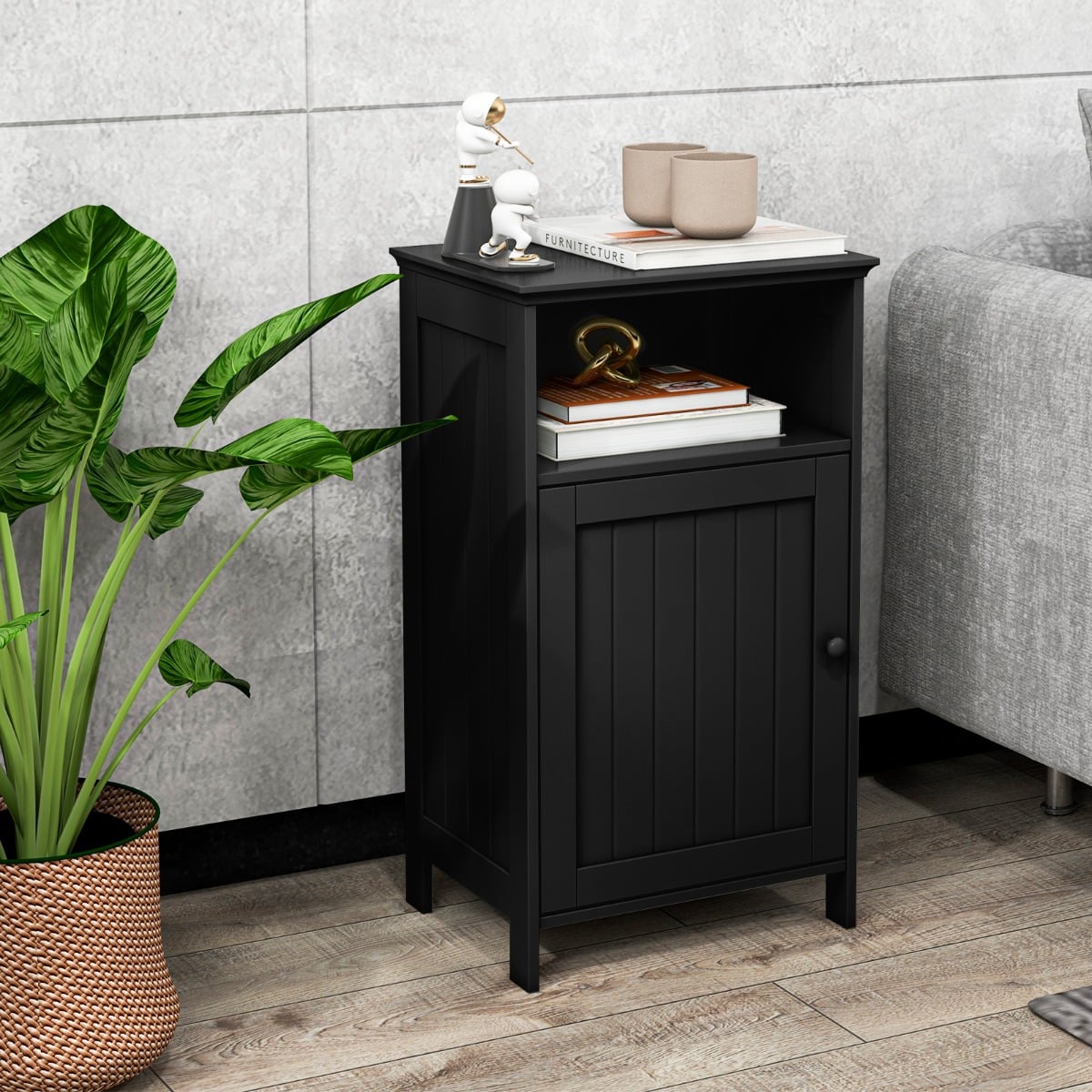 Bathroom Floor Single Door Side Cabinet with Open Compartment-Black