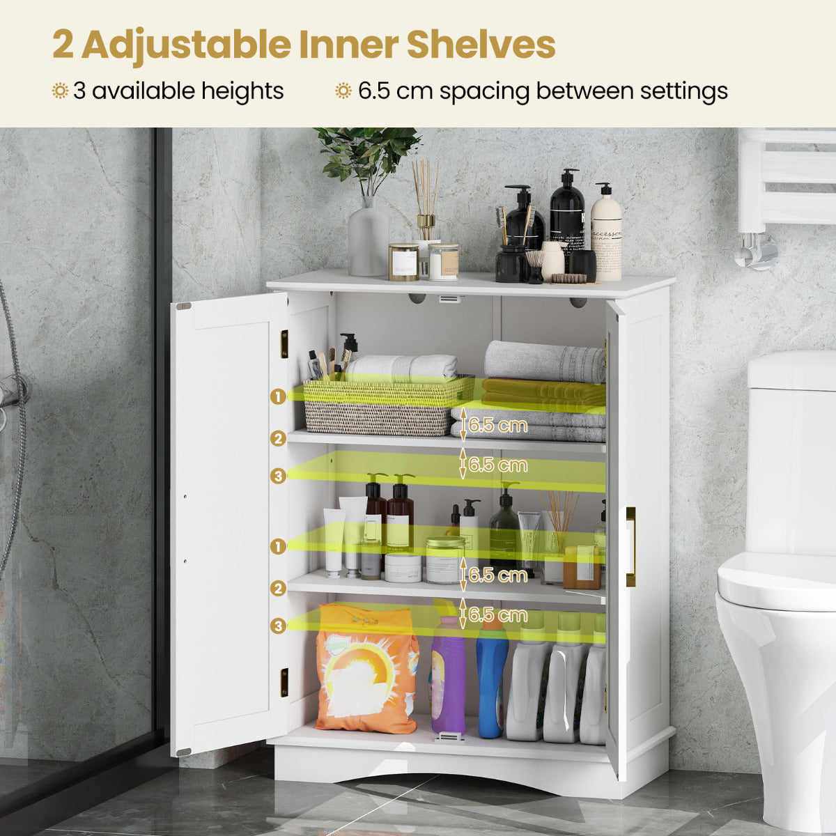Bathroom Floor Storage Cabinet with 2 Doors and Adjustable Shelves-White