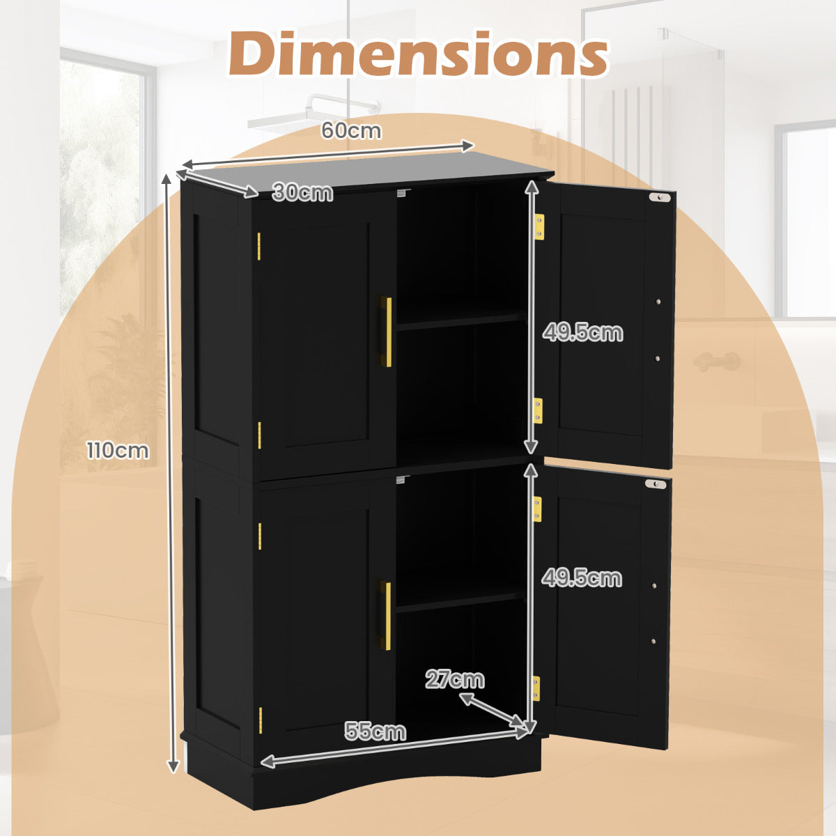 Bathroom Floor Storage Cabinet with 4 Doors and 2 Adjustable Shelves-Black