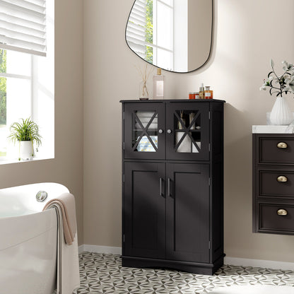 Bathroom Linen Storage Cabinet with Doors and Adjustable Shelves-Black