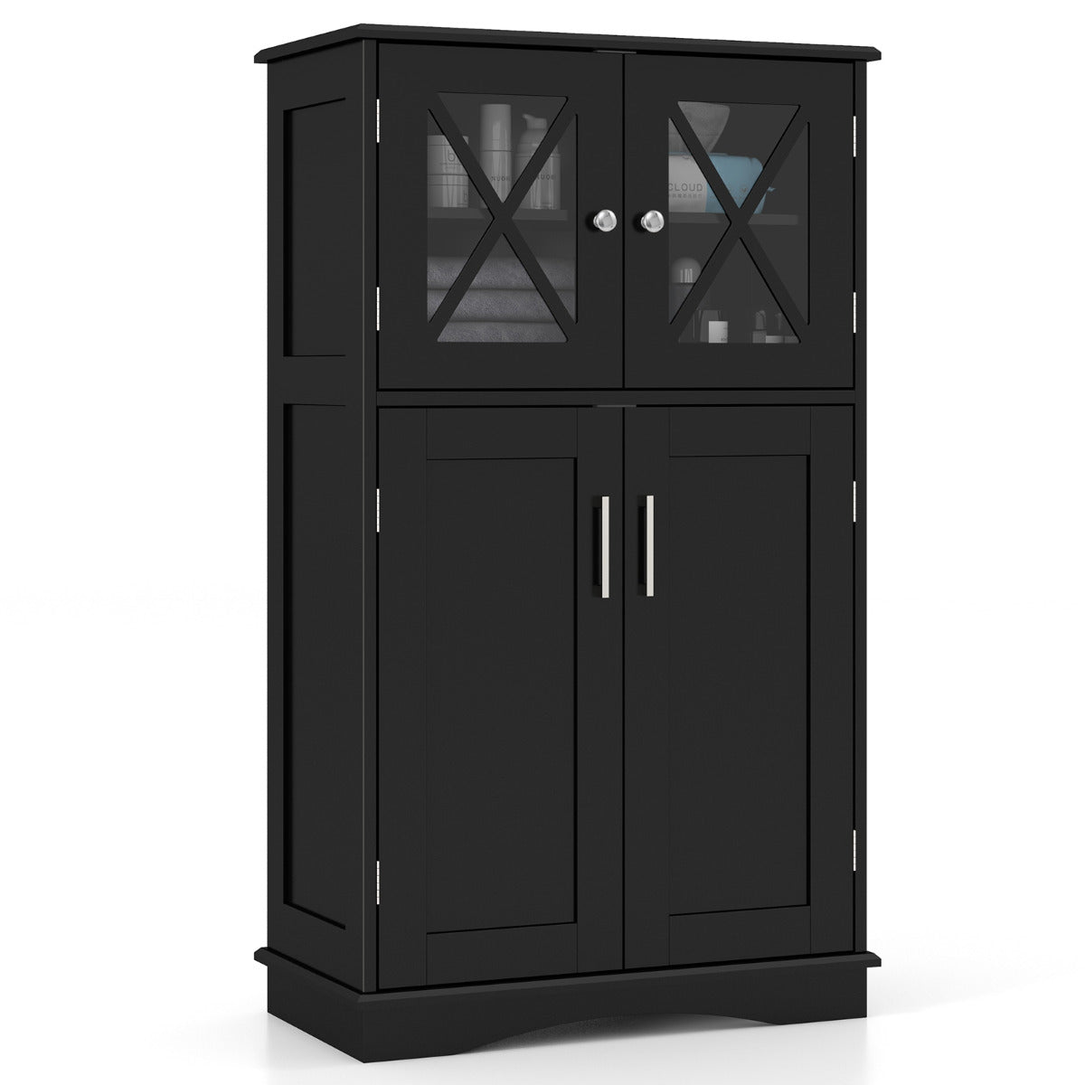 Bathroom Linen Storage Cabinet with Doors and Adjustable Shelves-Black
