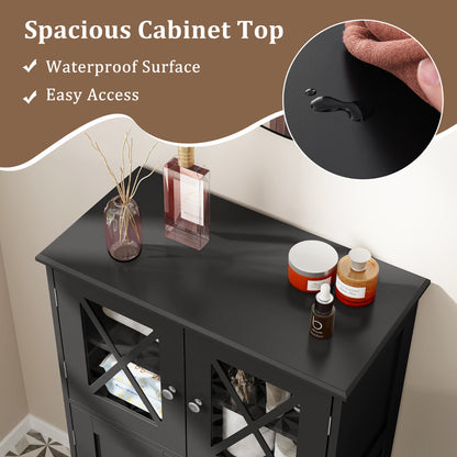 Bathroom Linen Storage Cabinet with Doors and Adjustable Shelves-Black