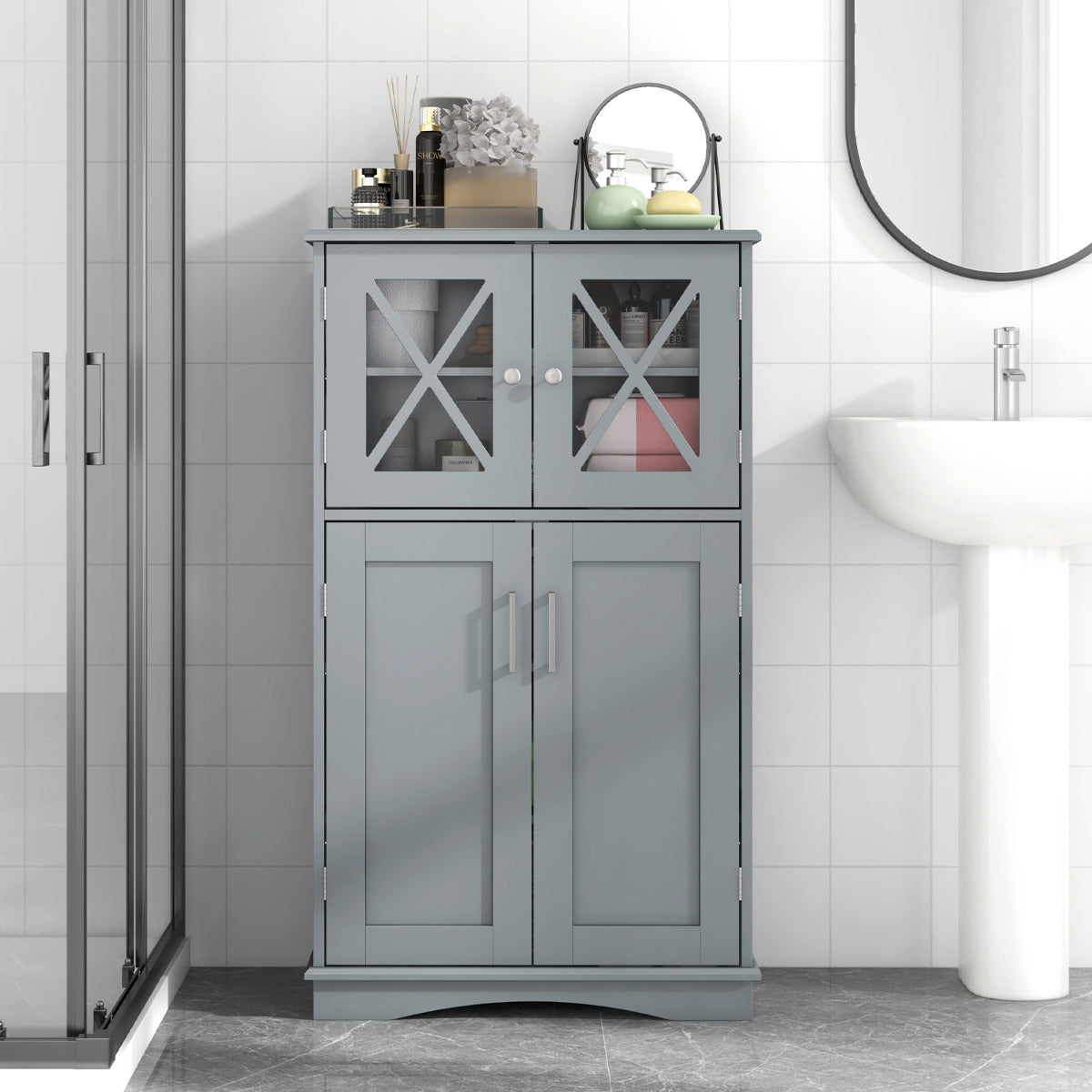 Bathroom Linen Storage Cabinet with Doors and Adjustable Shelves-Grey