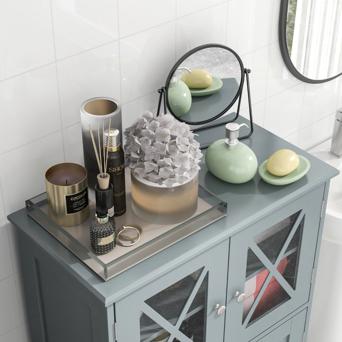 Bathroom Linen Storage Cabinet with Doors and Adjustable Shelves-Grey