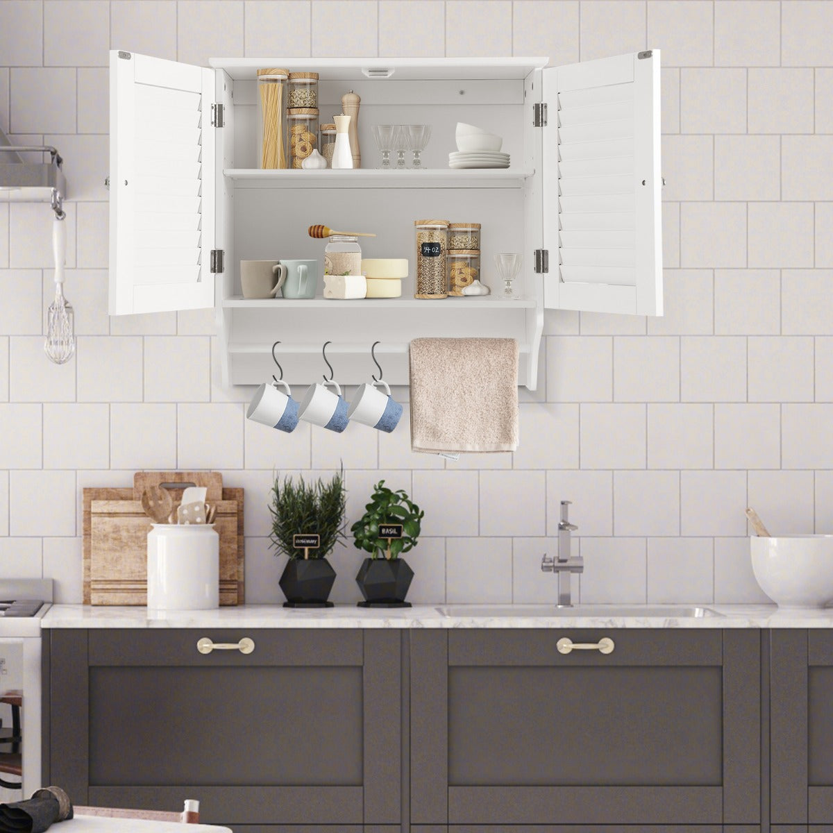 Wall Mounted Double Louvered Doors Storage Cabinet with Height Adjustable Shelf and Towels Bar-White