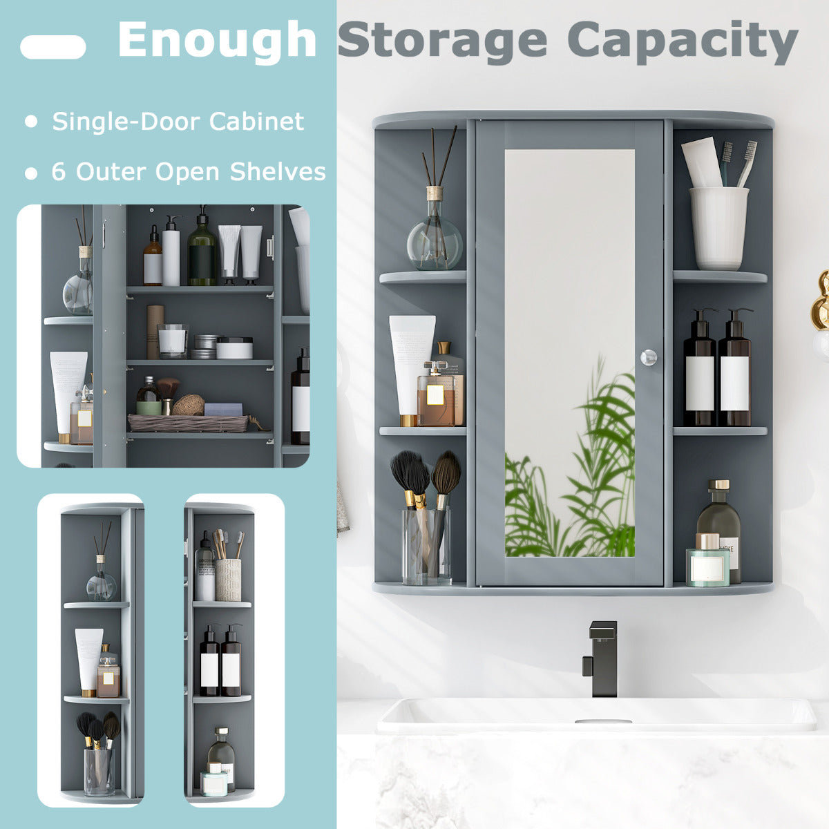 Bathroom Medicine Cabinet with Mirror with 3 Adjustable Shelves-Grey