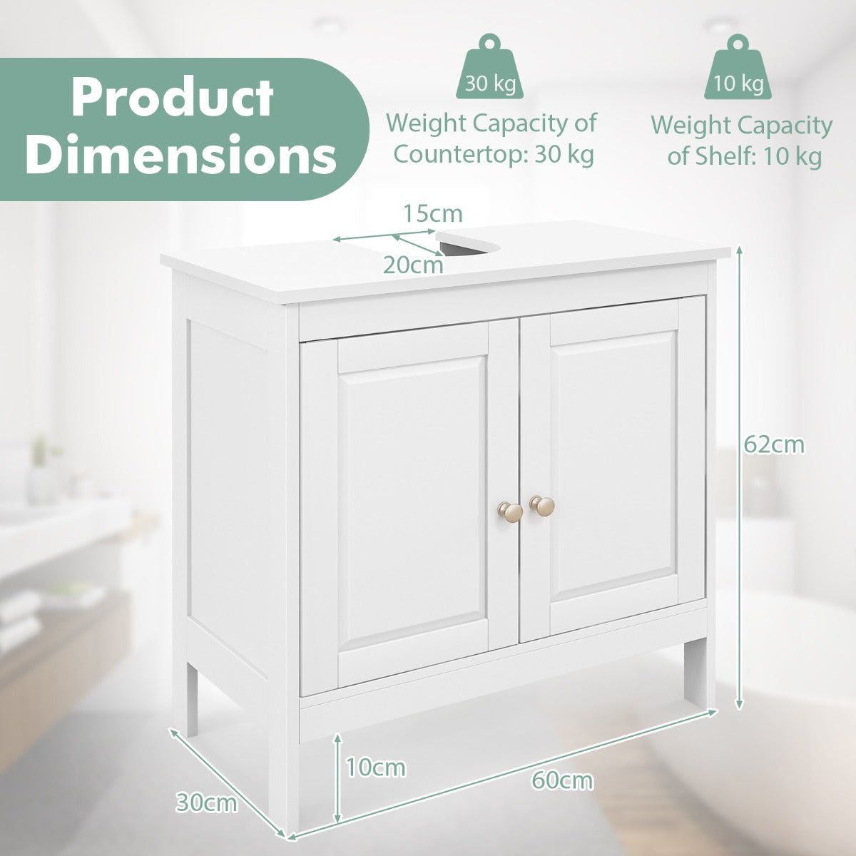 Under Freestanding Bathroom Vanity Sink Cabinet with 2 Doors-White
