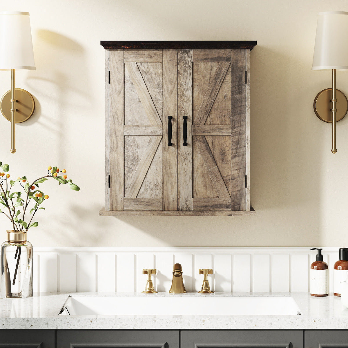 Bathroom Wall Cabinet with 2 Doors and Adjustable Shelves-Rustic Brown