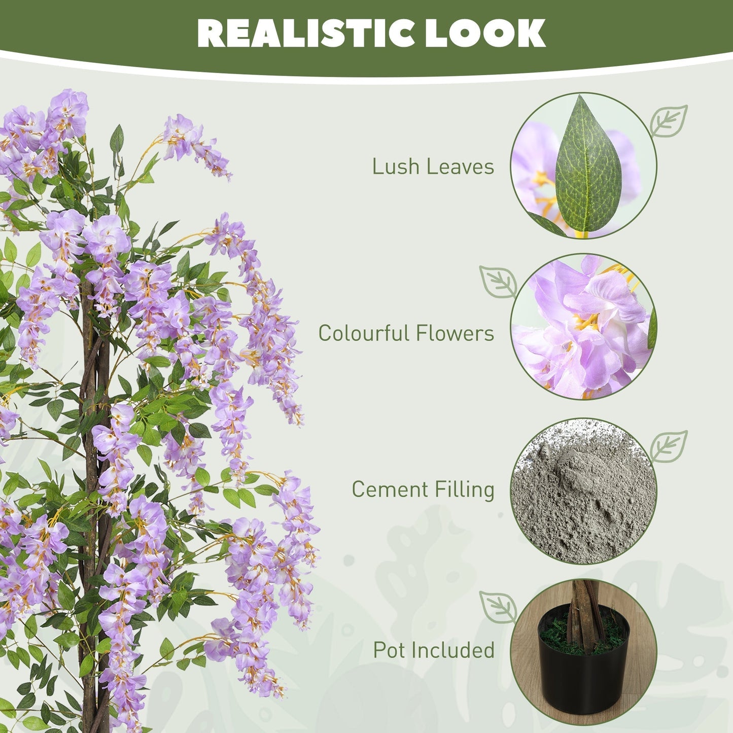 HOMCOM 180cm Ficus Artificial Tree, Fake Wisteria Tree in Nursery Pot, Indoor Greenery Tall Faux Floor Plant for Living Room Office Decor, Purple