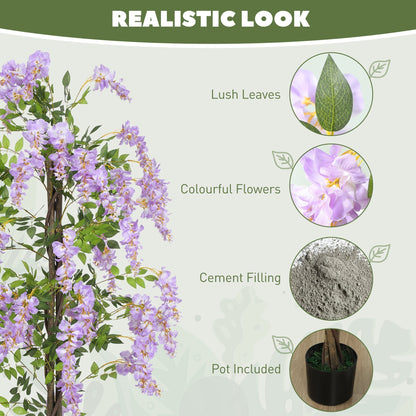 HOMCOM 180cm Ficus Artificial Tree, Fake Wisteria Tree in Nursery Pot, Indoor Greenery Tall Faux Floor Plant for Living Room Office Decor, Purple