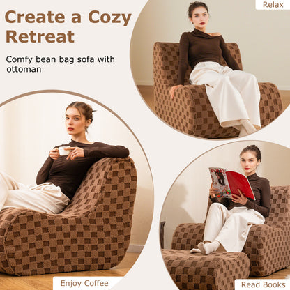 Bean Bag Chair with Ottoman Accent Lazy Sofa Chair Set-Brown
