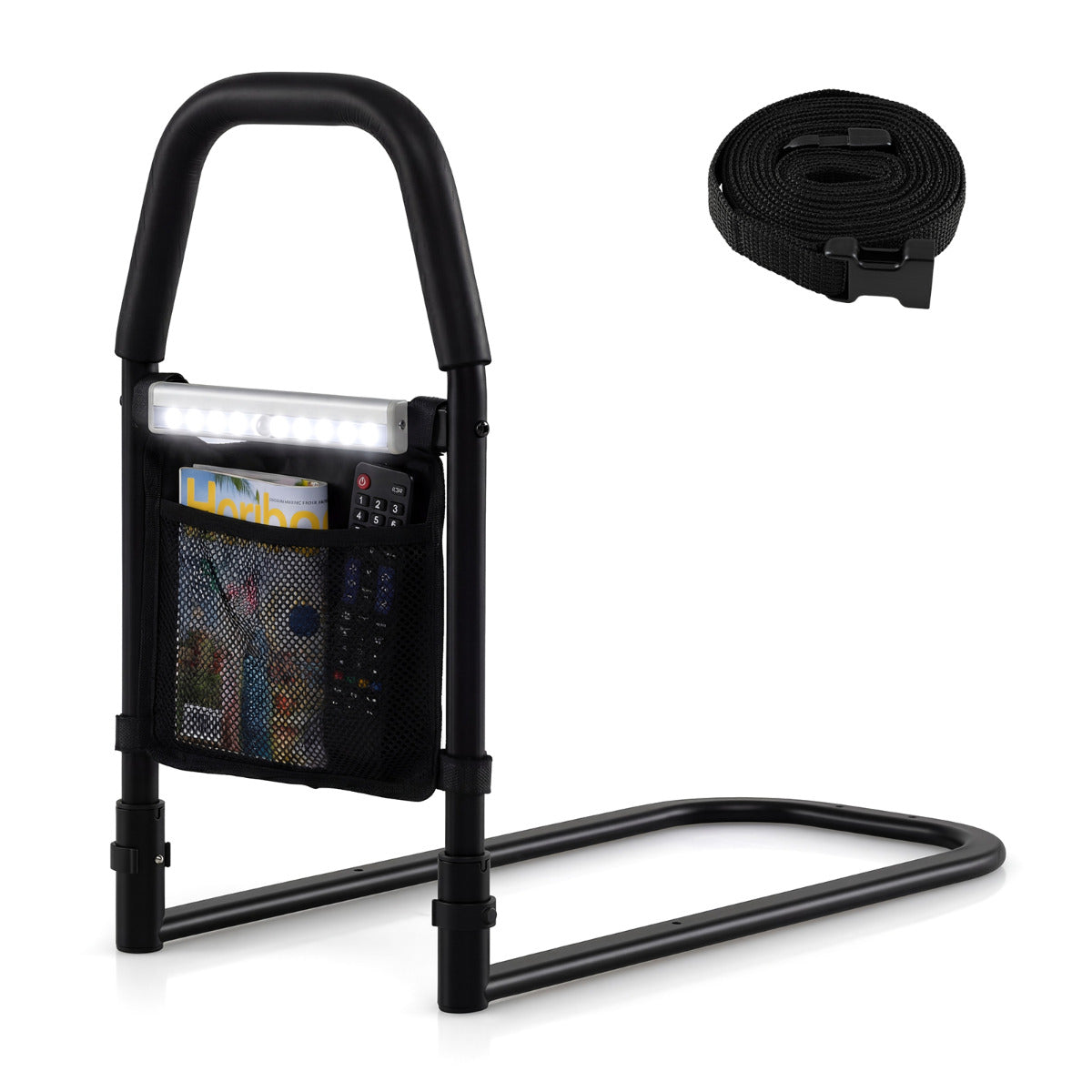 Bed Rails with Motion Sensor Light and Storage Pocket for Elderly Adults-Black