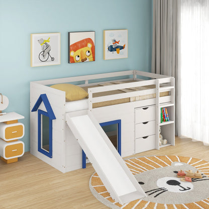 Single Size Pine Wood Loft Bed with Slide and Ladder and Game House-Blue