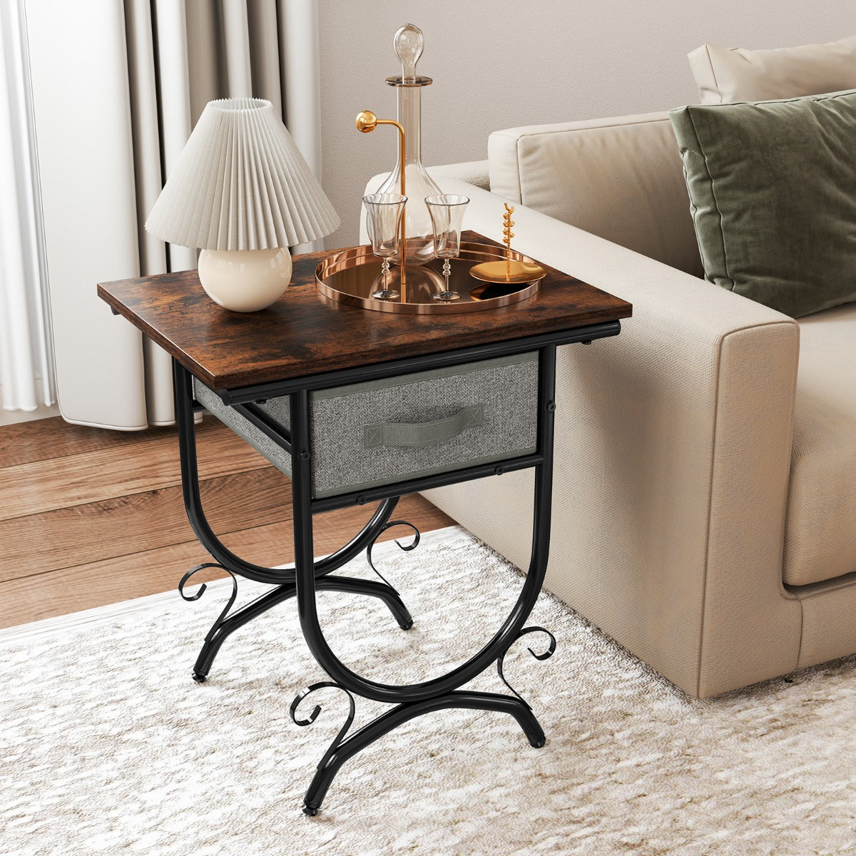 2-Tier Industrial Bedside Table with Fabric Drawer and Wood Top