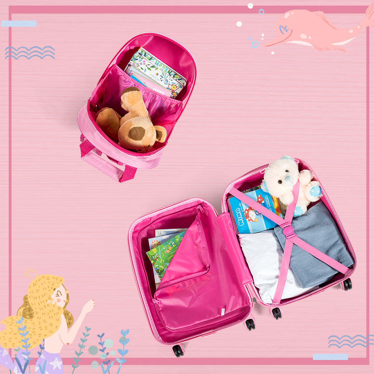 Childrens luggage mermaid travel suitcase childrens suitcase set with backpack pink