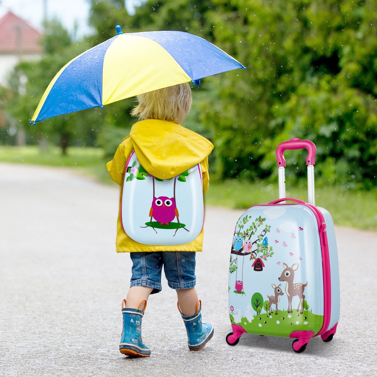2 Pieces Kids Luggage Set with Carry-on Suitcase and Backpack-Forest
