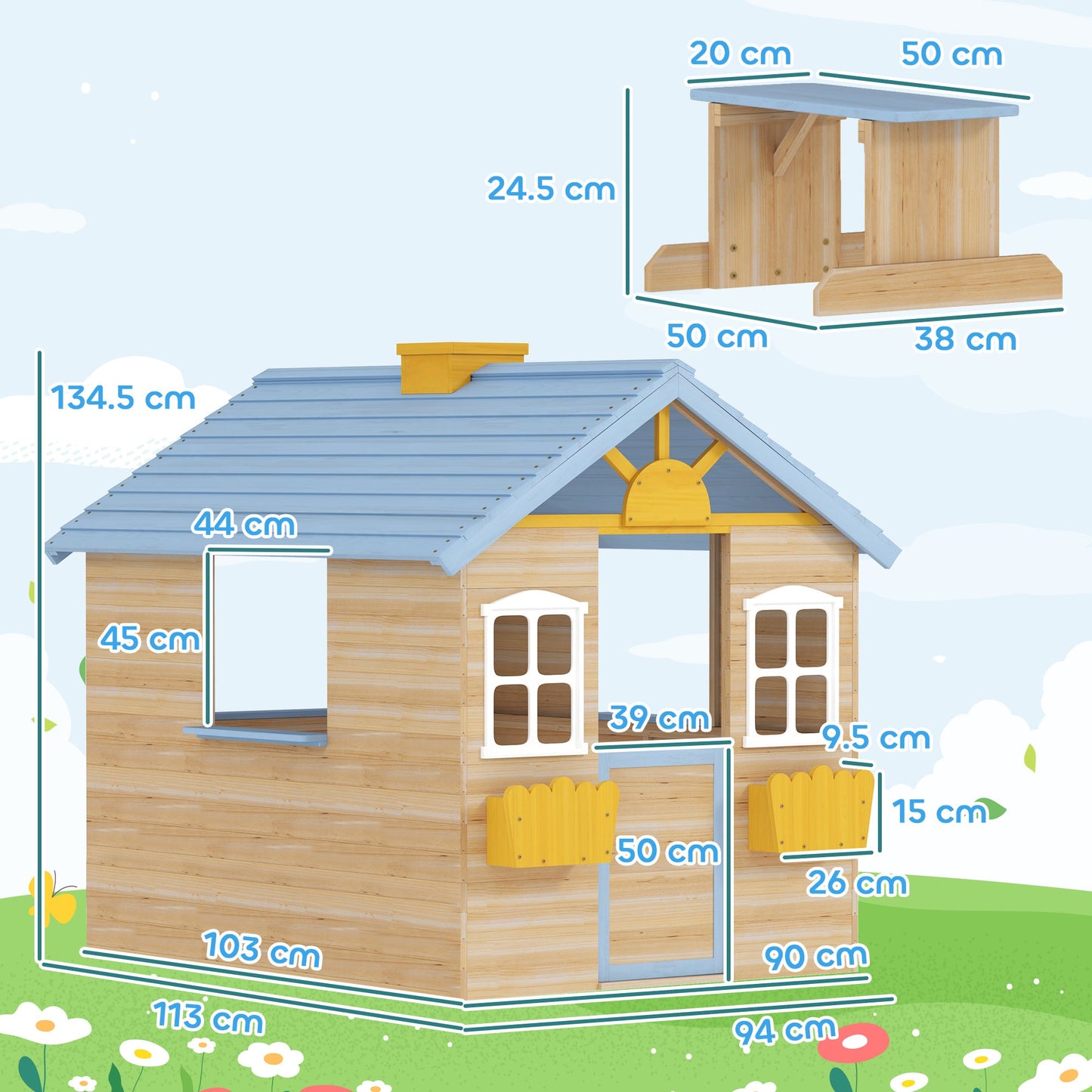 Outsunny Wooden Playhouse, Wendy House w/ Door, Bench, Flowerpot Holder, For Ages 3-7 Years, Blue