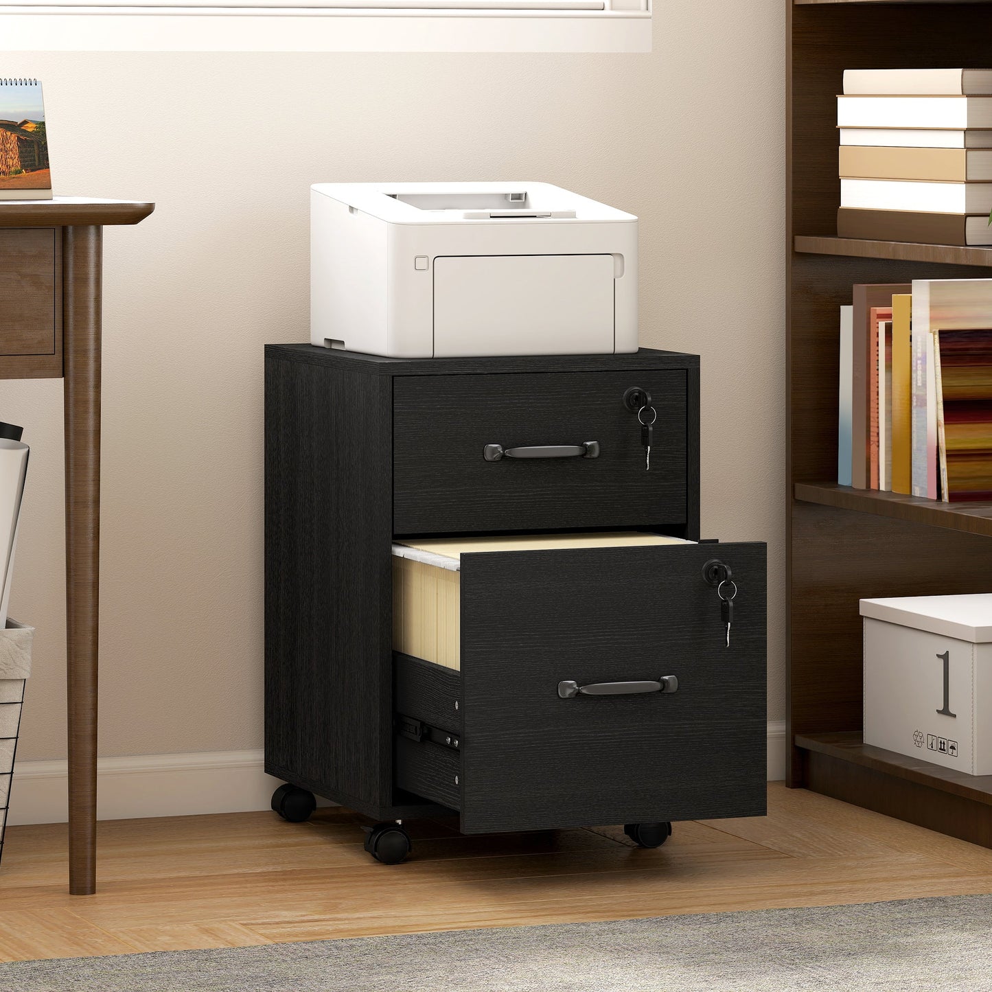 HOMCOM Rolling File Cabinet with 2 Drawers, Mobile Filing Cabinet with Hanging File Folder for Letter Sized Documents, Black
