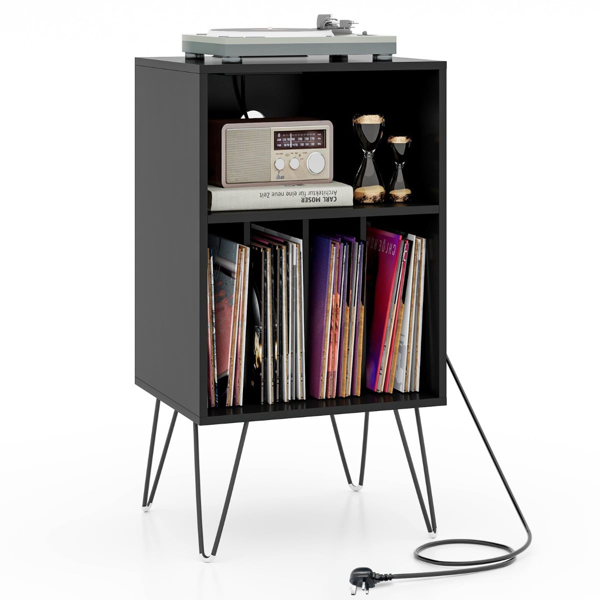 3-Tier Record Player Stand with Charging Station Shelf and 4 Dividers-Black