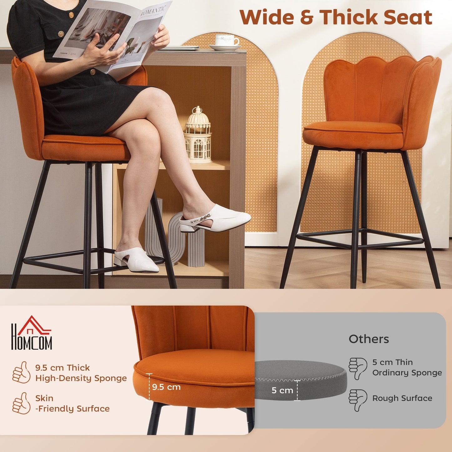 HOMCOM Set of Two Velvet-Feel Lotus Bar Stools - Orange