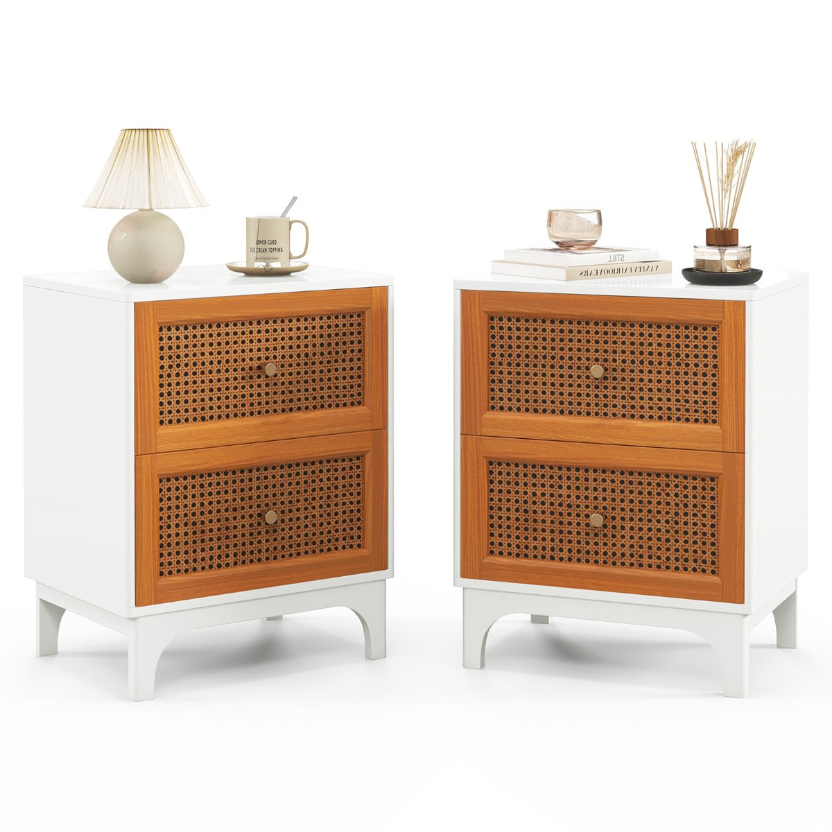 Boho Accent Table with 2 Handwoven Rattan Decorated Drawers-White